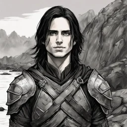 A portrait of Jared Leto in his early 30s, long beachy haircut, black hair, on a rocky island, in ebony armor from Skyrim, melancholic and dangerous facial expression, half-smiling, drawn in the style of ink manga sketch