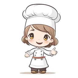 Cartoon chef character, female, Tilt your body a little to the left, hold the cake in your left hand and gesture with your right hand to the front , with a chef's hat, wavy hair, wearing a chef's coat，vactor illustration style，half body，one hand show good