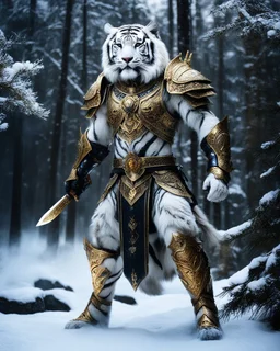 Wide shot Photography natural colors facing front of Humanoid warrior full body siberian white tiger,wearing king armor golden and black color,action playing metalic shine sword, snow pines, incredibly high detailed,beautiful dark night forest and darkstrom sky