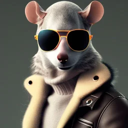 cute male mouse with the body of a human, wearing a leather jacket and sunglasses, dramatic, dramatic lighting, volumetric lighting, hyperrealism, 8k, high quality, photorealistic, lot of details