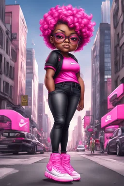 create an airbrush illustration of a chibi cartoon voluptuous black female. Wearing a hot pink t-shirt and tight black jeans with hot pink Nike sneakers. Prominent make up with hazel eyes and she is wearing pink glasses. Extremely Highly detail of a very low platinum shiny black pixie haircut. Background of a busy city street.