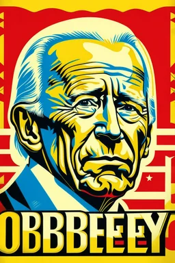 stylized stencil portrait of Joe biden in solid red, beige and (light and dark) blue with the cyrillic word "obey" overlaid on the bottom of the image in yellow