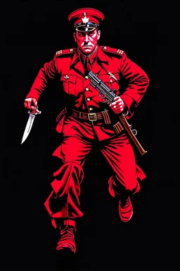 poster of a canadian soldier(uniform and face based on racist steriotypes of canadian soldiers) running towards viewer, a knife i one hand, and a gun(barrel pointing at viewer) in the other. retro poster monochrome with white background