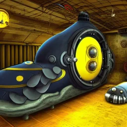 nautilus submarine and yellow submarine in steampunk world in seabed