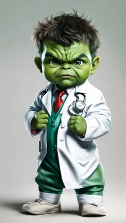 Little baby hulk, full portrait looking at the camera realistically, dressed as a doctor,
