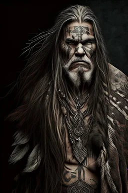 old long haired warrior with tribal tattoos and cloak