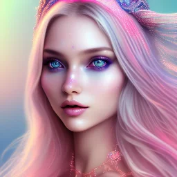 beautiful, soft, smiling face, whole head, long straight blonde hair blues eyes, crown on the head, clothing in transparent bluish and pink veil, background brillante bluish and pink, hight definition, 8K