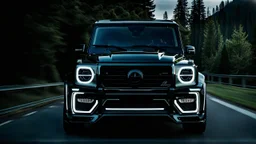 A (((G-Wagon mustang))) featuring a luxurious interior, advanced technologies, and a sleek body kit designed by MANSORY, front cinematic view on road in morning