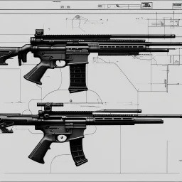 Full Blueprint sketch of modern rifle with full stock and scope