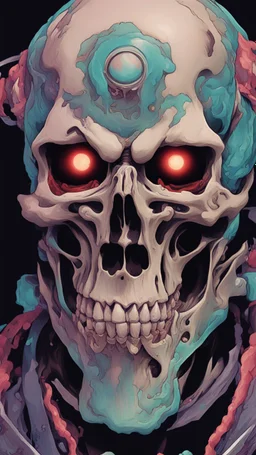 a close up of a person with a skull on their head, anime skull portrait man, scary detailed art in color, hiroyuki-mitsume takahashi, nychos art aesthetic, half man half skeleton, anime cyberpunk art, colored manga art, rossdraws pastel vibrant, cold colors. insanely detailed, beautiful anime portrait, stunning anime face portrait, scary art in color