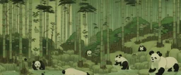 A greenish gray pool filled with pandas designed in Chinese paper art painted by Utagawa Hiroshige