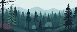 A cozy forest scenery using this color scheme: base00: "2f383e" # bg0, palette1 dark (medium) base01: "374247" # bg1, palette1 dark (medium) base02: "4a555b" # bg3, palette1 dark (medium) base03: "859289" # grey1, palette2 dark base04: "9da9a0" # grey2, palette2 dark base05: "d3c6aa" # fg, palette2 dark base06: "e4e1cd" # bg3, palette1 light (medium) base07: "fdf6e3" # bg0, palette1 light (medium) base08: "7fbbb3" # blue, palette2 dark base09: "d