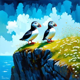 Create an oil painting depicting two puffins perched on rock cliffs in Iceland with tiny white wildflowers growing around them. Modifiers: elegant intricate beautiful colourful Zdzisław Beksiński acrylic art abstract watercolor Fractal Henri Matisse Paul Klee mysterious Victo Ngai warm light watercolor ink beautiful elegant intricate