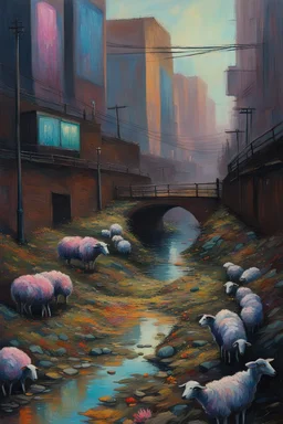 painting of a cyberpunk colourful natural walkway rubbish on the street in the city with pollution and a small bridge by a creek with electric sheep and androids by monet