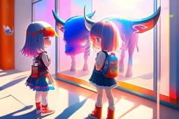 cute chibi holographic girl looking at a red bull happily at an exhibition room in sunshine