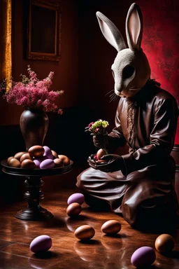 horror figure in rabbit mask sitting on the floor and eating chocolate, around chocolate eggs, brocken glass vase with flowers, volumetric light, dark colors, surreal dark mood, detalied, cinematic