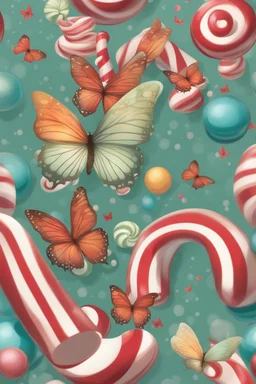 Butterflies and bubbles flying through a candy cane forest