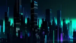 Digital painting of a minimalist and digital city with a dark background, colors are black, light blue and light green, and purple.