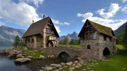 small gothic medieval house built into a rock face, lake, trees, arches, bridge, foliage, balconies, verandas, blue sky, white clouds