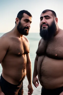 wide angle photography of two arab burly tubby men 51 years old, one man after another to play a trick on him, manly chest, long beard, sunshine, ambient occlusion, 35mm lens , view from the ground