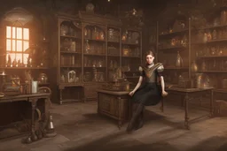 full-height shot of a young witch in a tight black skirt, inside a large magic shop, sitting at a desk, shelving, bottles, windows