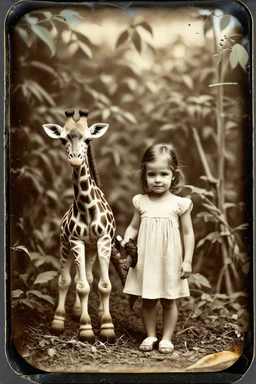 Jouet girafe et petite fille dans la jungle , tintype