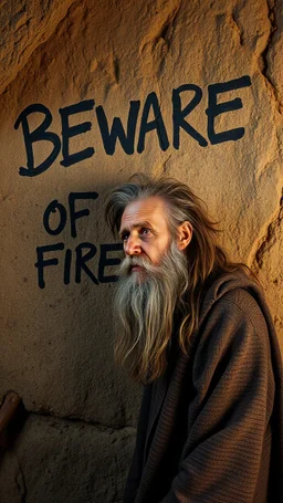 A hand writing On cave wall written “ BEWARE OF FIRE” an old man with bear and king hair died by the cave wall , a dim lighting great quality picture with primitive style