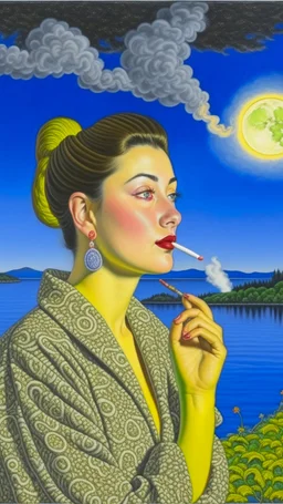 portrait of a woman smoking a cigarette, nebulas seeping into her brain, crescent moons in her eyes, feather earrings in her ears, a crescent moon to right, a wrought iron fence and a lake behind, a mountain range in the distance by seraphinianus kodex