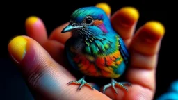 a bird that is sitting on someone's finger, in the style of cute and colorful, mesmerizing optical illusions, alan bean, cute and dreamy, exaggerated features, unearthly, explosive wildlife