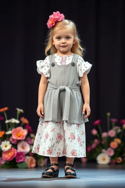 3 years old german girl with fashion modern clothing in stage with flowers