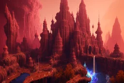  Red and black crystal castle，waterfall, barren wasteland, burning skies, full of details, smooth, falling meteors，soft light atmosphere, light effect，vaporwave colorful, concept art, smooth, extremely sharp detail, finely tuned detail, ultra high definition, 8 k, unreal engine 5, ultra sharp focus