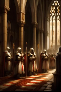 bunch of crusader knights praying at the cathedral, classical artwork, portrait