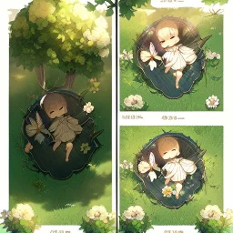 tiny anime girl sleeping in the distance, laying down in a field of flowers, underneath a willow tree, with a butterfly on her nose, hand detail looks human.zoom out. zoom out