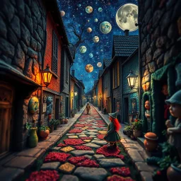 Photograph hasselblad h6d400c --ar 85:128 --v 6.0 of a fairy old bewitched street, trolls, made of felt art, tiltshift, 3d deep field, Max Ernst, galaxies and planets, needlepoint, Joan Miró, odd, abstract, expressionist style, colorful