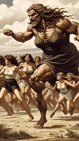 Giant kidnapped and Cary them in his hand women other women are running away from the giant Nephilims