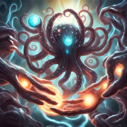 Metal tentacles reaching out to grab orbs of energy, in card art style