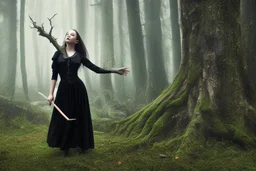 full-height shot of a young witch in a tight black skirt, in a wood, with mist