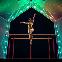 a picture of a gymnast lady show her performance on gymnastic parallel bar in a modern stage made of 3d geometric recursive structures and dynamic color lights