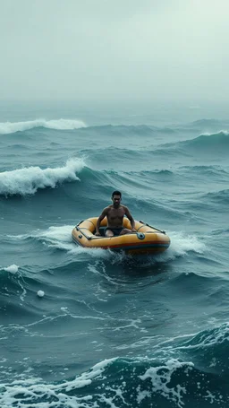 Bosch painting style nightmare , 3D , a man on small rubber boat lost in the ocean in the middle of high tide waves in a storm background, high Quality picture , 8k
