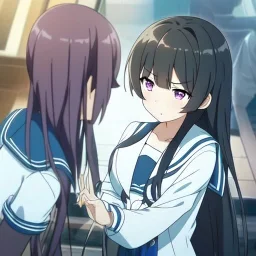 Clear focus, High resolution, anime screencap, black long hair, chopped bangs, wearing a sailor uniform, purple eyes