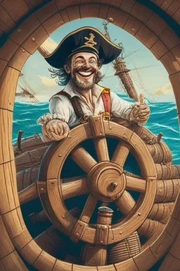 a cheerful sailor sitting on rum barrels aboard a sailing ship at sea, with the ship's steering wheel in the background