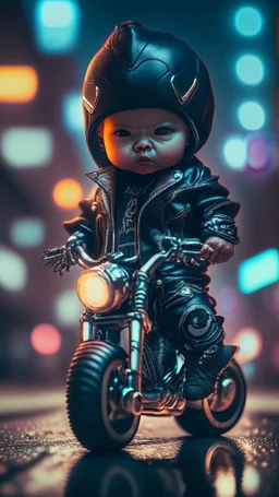 A Sharp Kawaii tiny hyper realistic humanoid baby peakyblinder riding mini harley davidson, wearing bikers clothes with freestyle action, night of cyberpunk city background. wide angle full body, 8k, Cinematography, photorealistic,epic composition Unreal Engine,Cinematic, Color Grading, Portrait Photography,Ultra-Wide Angle, Depth of Field, hyper detailed