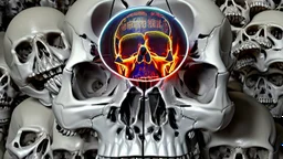 hundreds of anatomically correct, human skulls stacked into a wall unusual neon lighting, high octane, 64k, dystopian, vray, a picture of a dark, comedic, anatomically correct wall of colorful tightly packed skulls of varying sizes and expressions, photo-realistic, insanely meticulous, highly detailed,, 64k, dystopian, vray