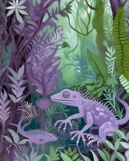 A light purple rainforest with atomic chameleons designed in native American petroglyphs painted by Claude Monet