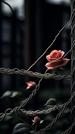 In a stunning juxtaposition of fragile elegance and fierce protection a delicate roseflower finds itself encased within the winding embrace of sharp and unforgiving barbedwire creating a visual representation of the delicate dance between vulnerability and strength, an exquisite portrayal of the interplay between fragility and resilience, the scene is bathed in soft, Diffused Lighting, accentuating the juxtaposition of delicacy and sharpness, the composition maintains a strong focus on the intri