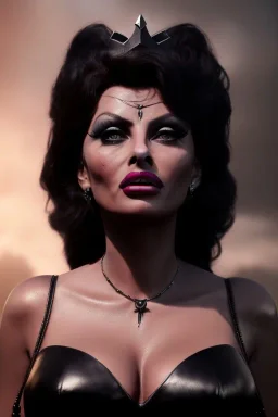 young sophia loren as evil queen in black leather, angry, stern look, volumetric lighting, particales,highly detailed,cinematic, deep colours,8