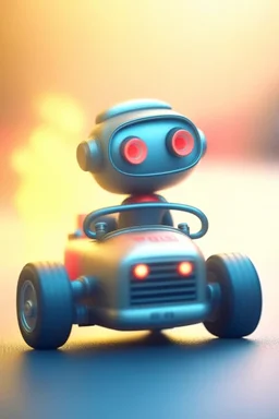 cute robot in racing car, motion blur, smoke, 4k, downlight, soft light, depth of field, photorealism, trending on art station