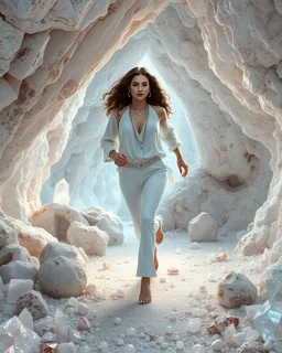 make a picture pretty crystal cave covered with jwells and 3d recursive cubic and sphere base pearls and Gemstone species, a beautiful goddess lady with curvy hair,makeup, in pretty modern today pants and loose shirt with jewels is running inside cave ,dynamic camera fallow her inside cave capturing full body, dynamic lights.