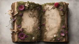 ancient spellbook, cover made from flowers, vines, tattered, loose pages