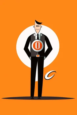character illustration, standing in front of company logo, in the style of mark hayward of omecca.ca